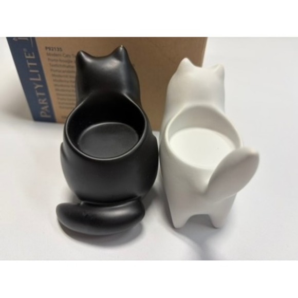 PartyLite Modern Cat Tealight Holders Set of 2 Black White Ceramic w Box - Picture 5 of 14